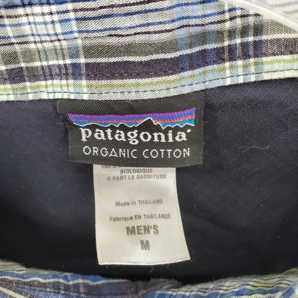 Patagonia Shirt Plaid Organic Cotton Green Blue White Button Up Mens M - Picture 2 of 13